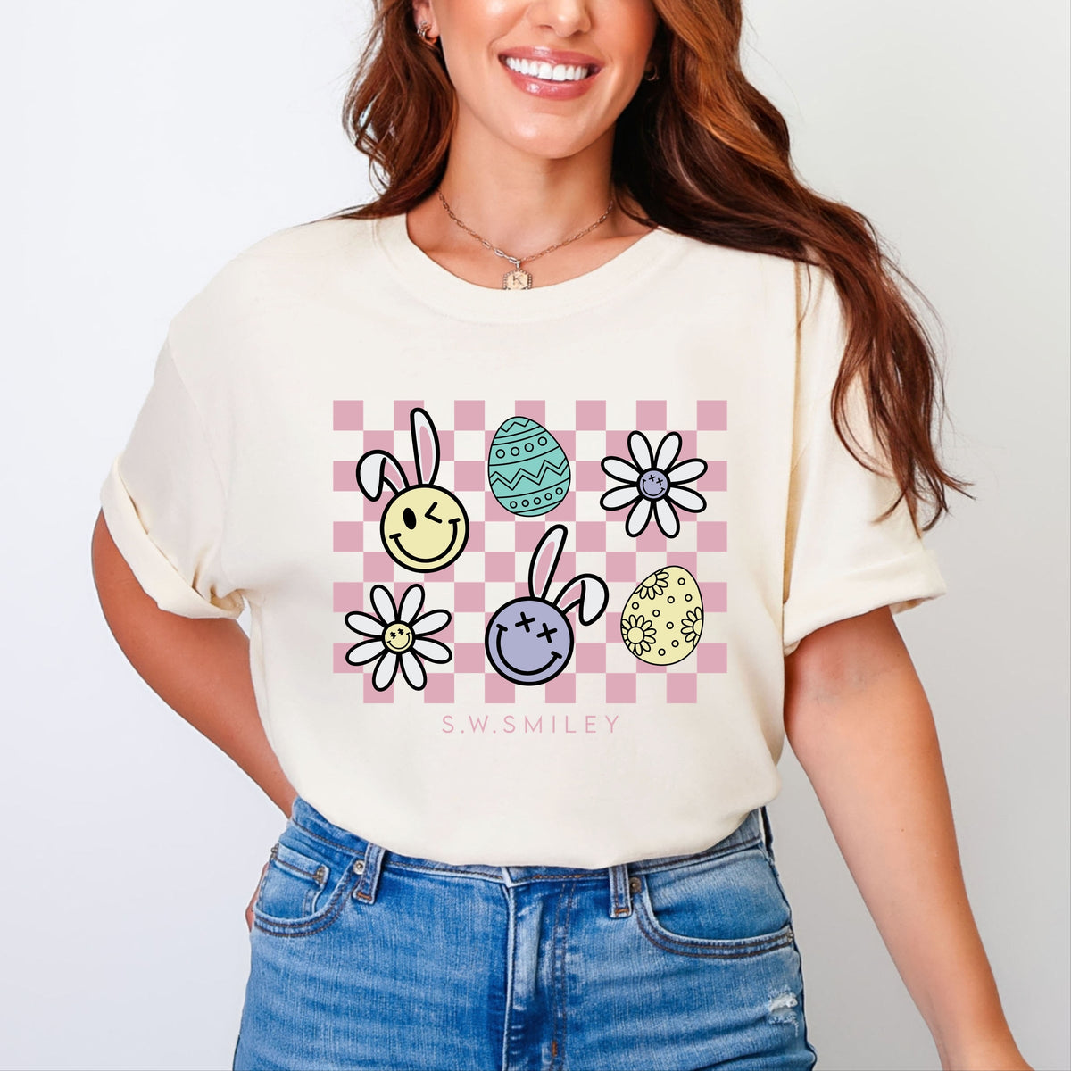 S.W.Smiley Bunny Checkered - Women's Garment Dyed Graphic T-Shirt