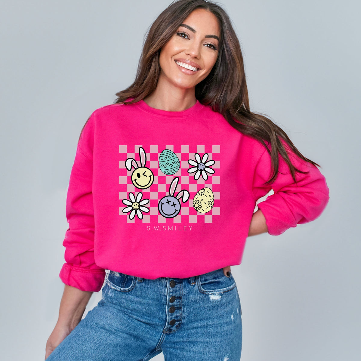 S.W.Smiley Bunny Checkered - Women's Graphic Sweatshirt