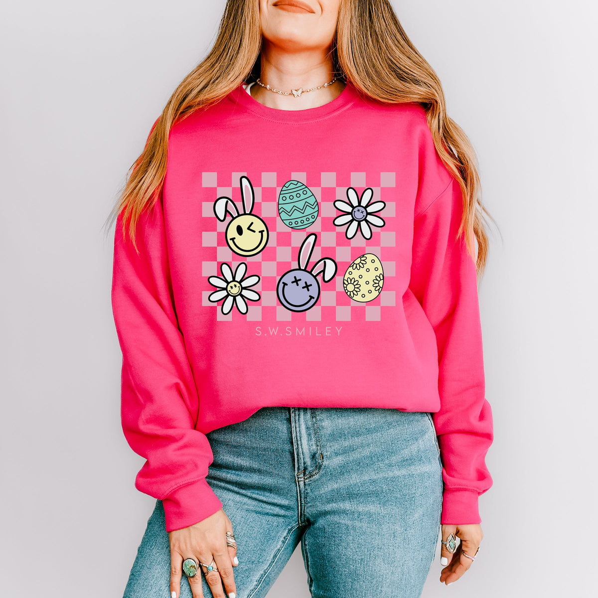S.W.Smiley Bunny Checkered - Women's Graphic Sweatshirt