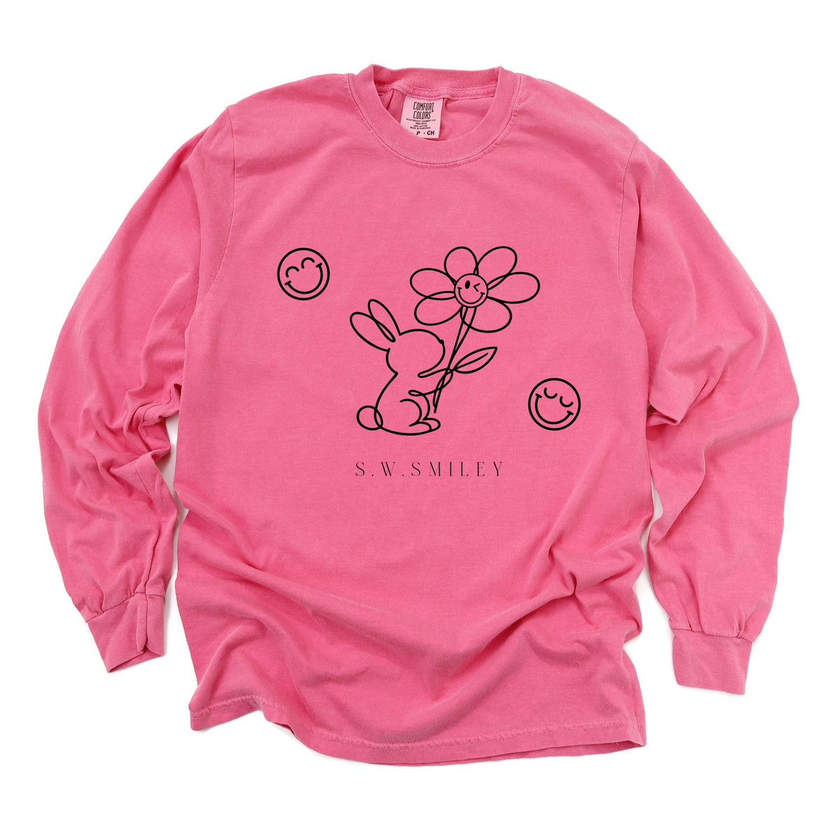 S.W.Smiley Bunny Outline Flower - Women's Garment Dyed Long Sleeve Graphic T-Shirt