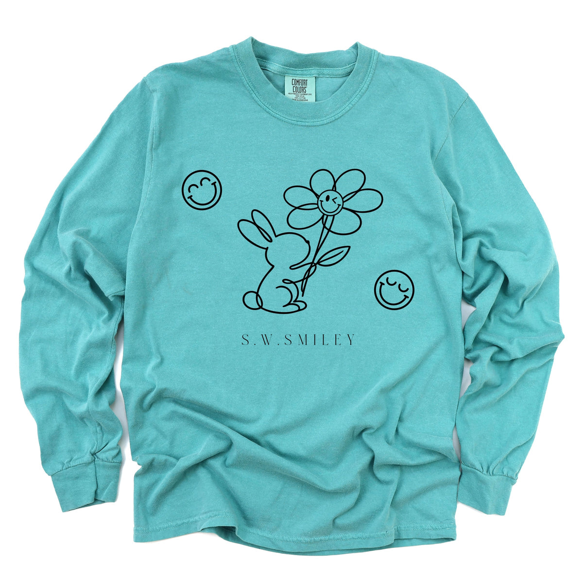 S.W.Smiley Bunny Outline Flower - Women's Garment Dyed Long Sleeve Graphic T-Shirt