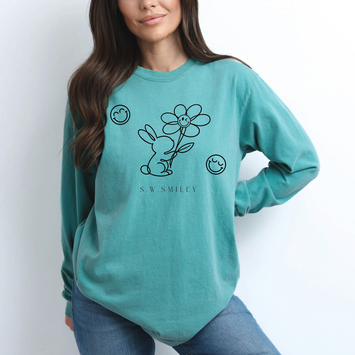 S.W.Smiley Bunny Outline Flower - Women's Garment Dyed Long Sleeve Graphic T-Shirt