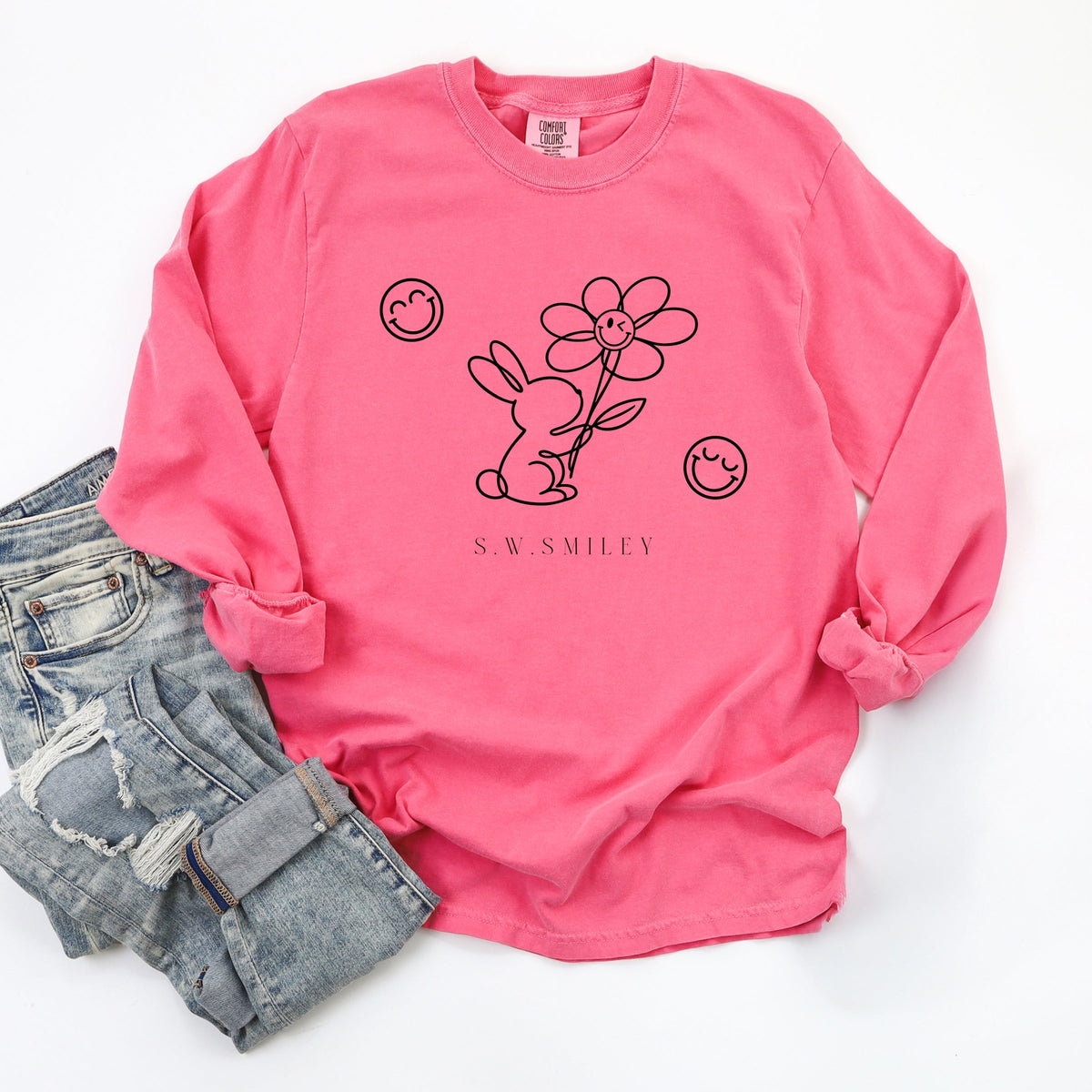 S.W.Smiley Bunny Outline Flower - Women's Garment Dyed Long Sleeve Graphic T-Shirt