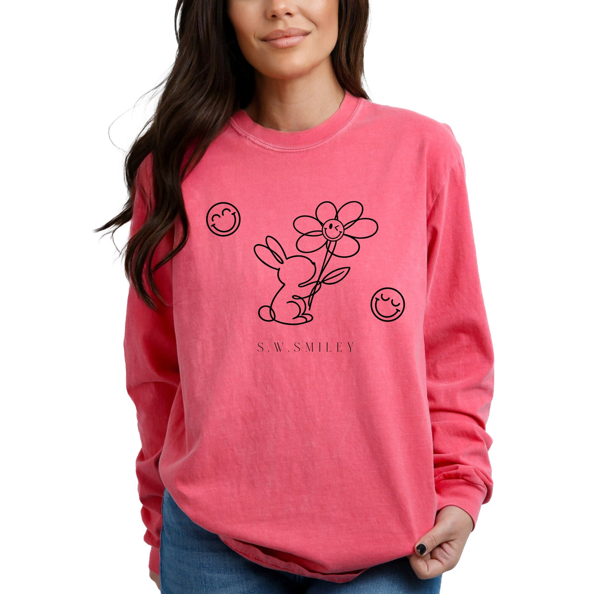 S.W.Smiley Bunny Outline Flower - Women's Garment Dyed Long Sleeve Graphic T-Shirt