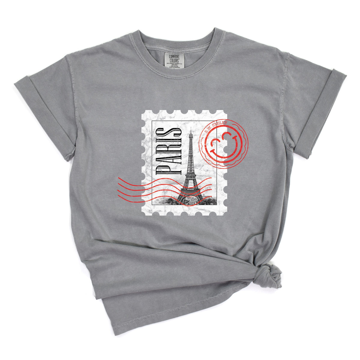 S.W.Smiley Eiffel Tower Stamp - Women's Garment Dyed Graphic T-Shirt