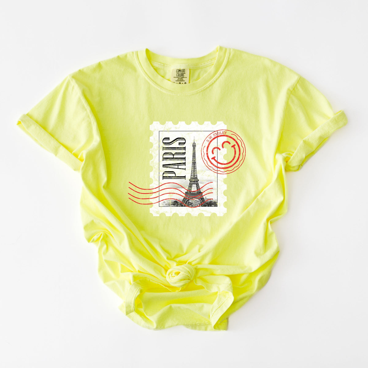 S.W.Smiley Eiffel Tower Stamp - Women's Garment Dyed Graphic T-Shirt