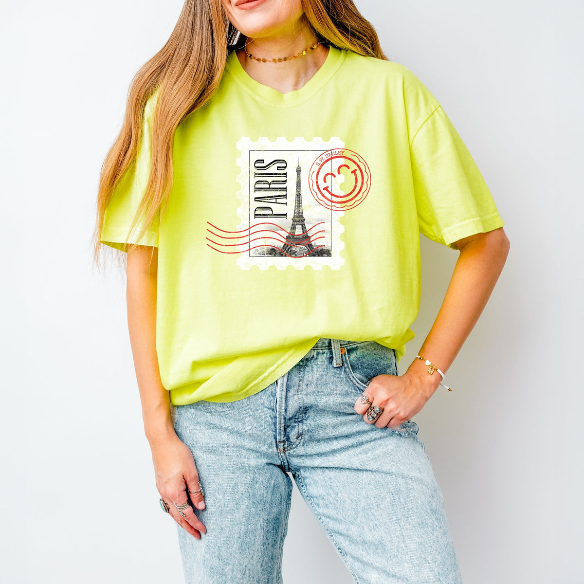 S.W.Smiley Eiffel Tower Stamp - Women's Garment Dyed Graphic T-Shirt