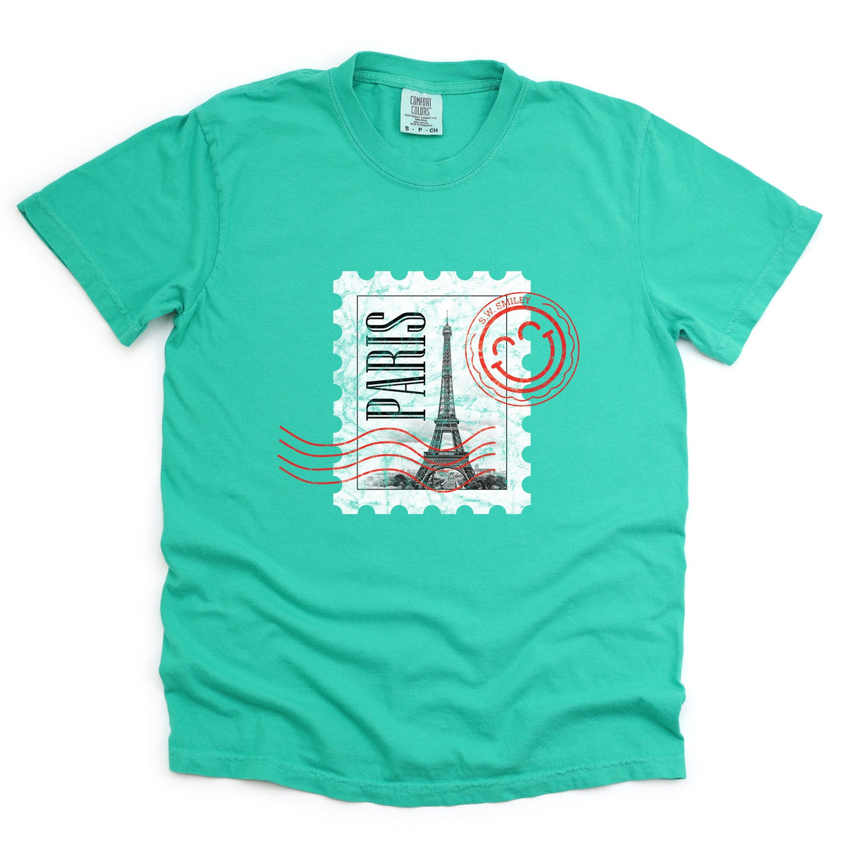 S.W.Smiley Eiffel Tower Stamp - Women's Garment Dyed Graphic T-Shirt