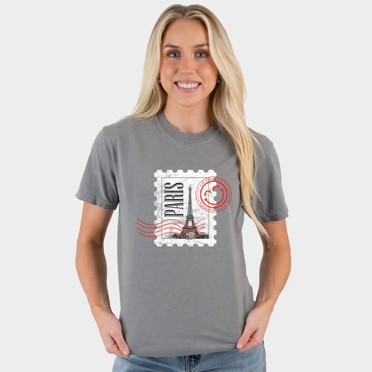 S.W.Smiley Eiffel Tower Stamp - Women's Garment Dyed Graphic T-Shirt