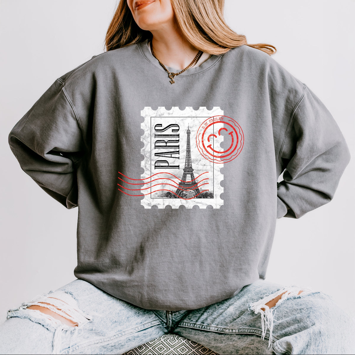 S.W.Smiley Eiffel Tower Stamp - Women's Lightweight Garment Dyed Sweatshirt
