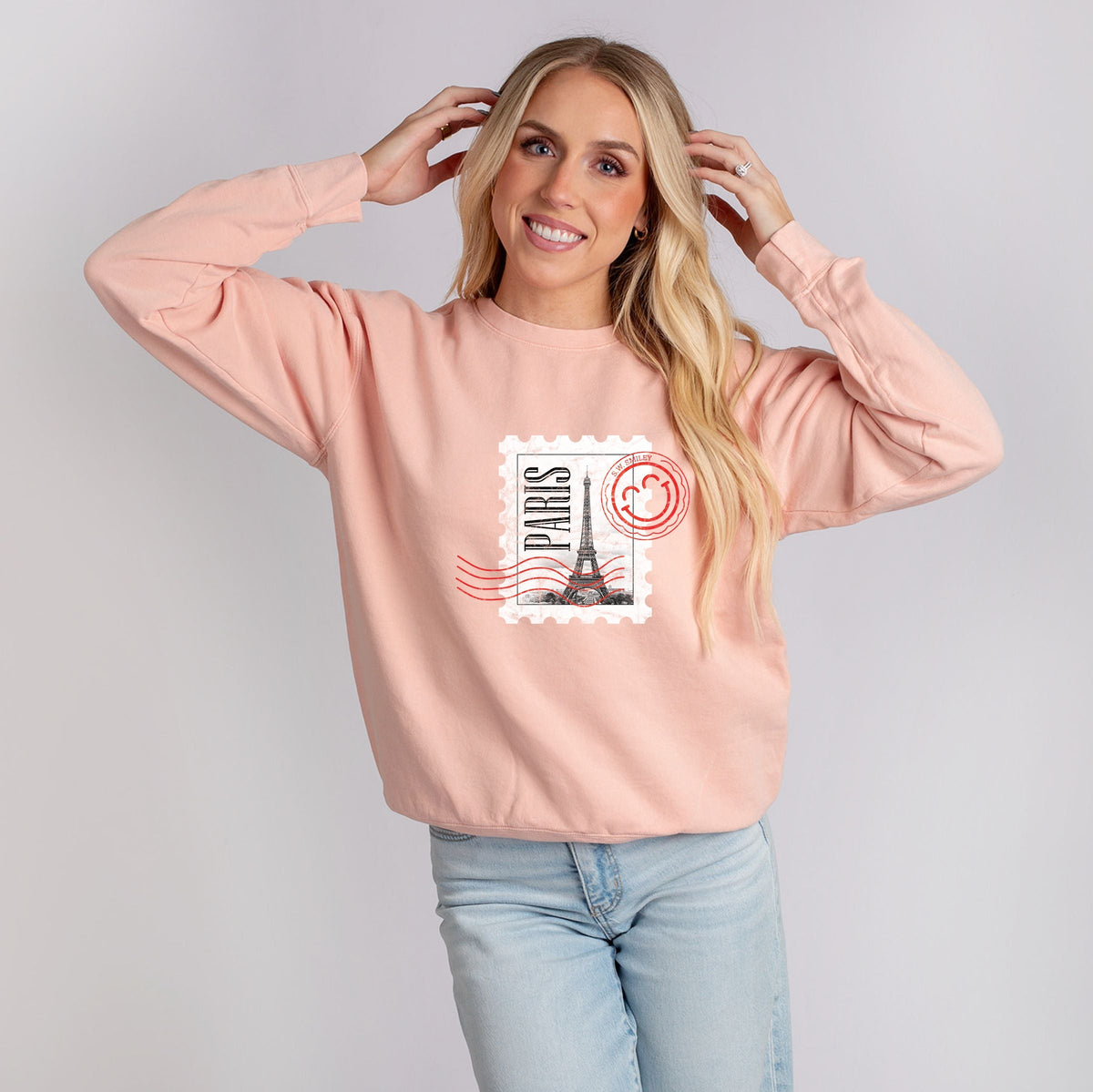 S.W.Smiley Eiffel Tower Stamp - Women's Lightweight Garment Dyed Sweatshirt