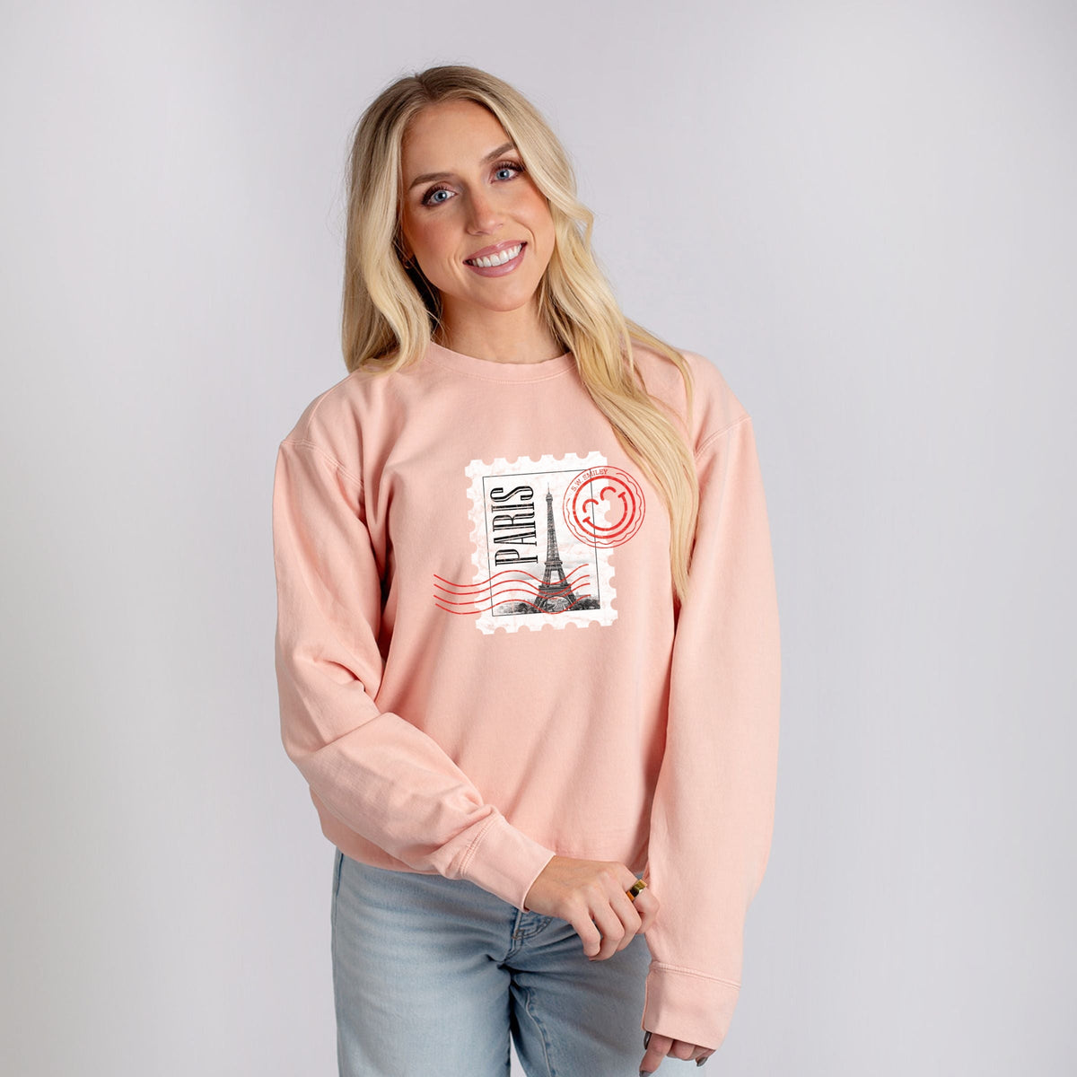 S.W.Smiley Eiffel Tower Stamp - Women's Lightweight Garment Dyed Sweatshirt