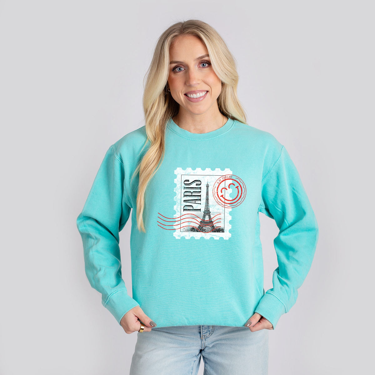 S.W.Smiley Eiffel Tower Stamp - Women's Lightweight Garment Dyed Sweatshirt