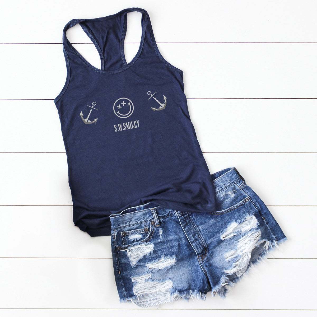S.W.Smiley Anchor Row - Women's Graphic Racerback Tank Top
