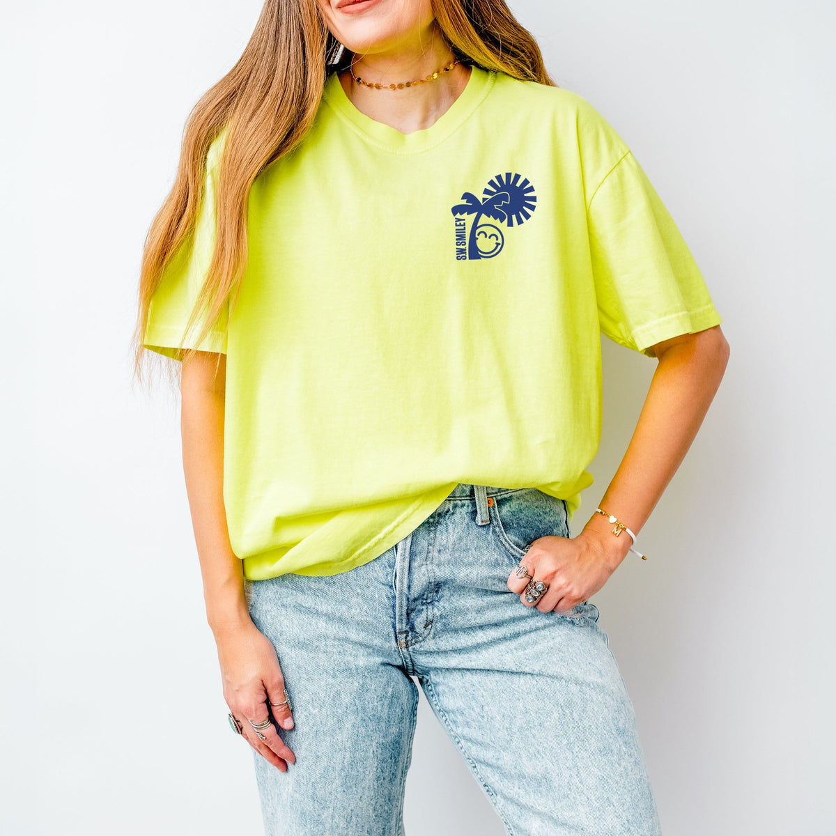 S.W.Smiley Palm Tree Sun - Women's Garment Dyed Graphic T-Shirt