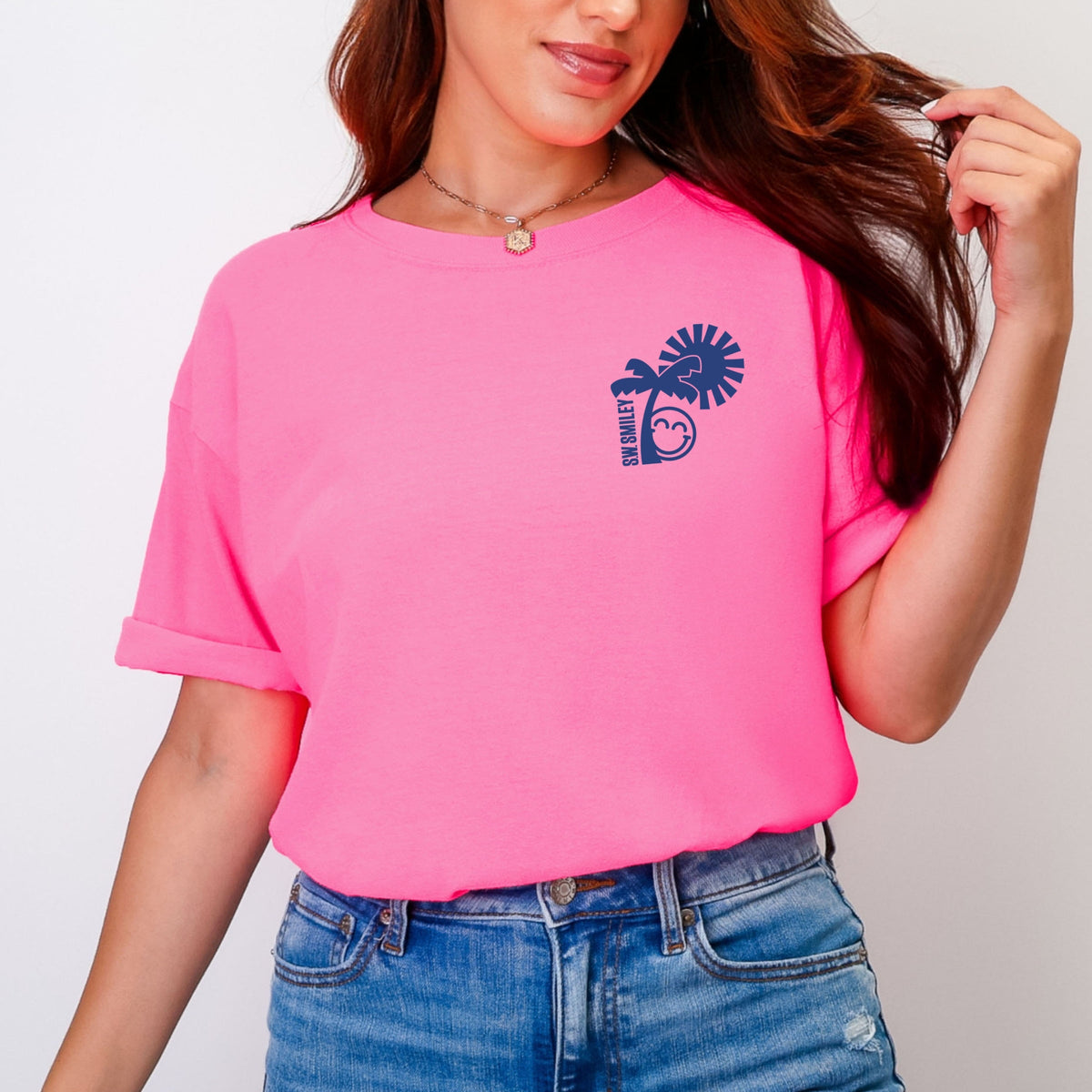 S.W.Smiley Palm Tree Sun - Women's Garment Dyed Graphic T-Shirt