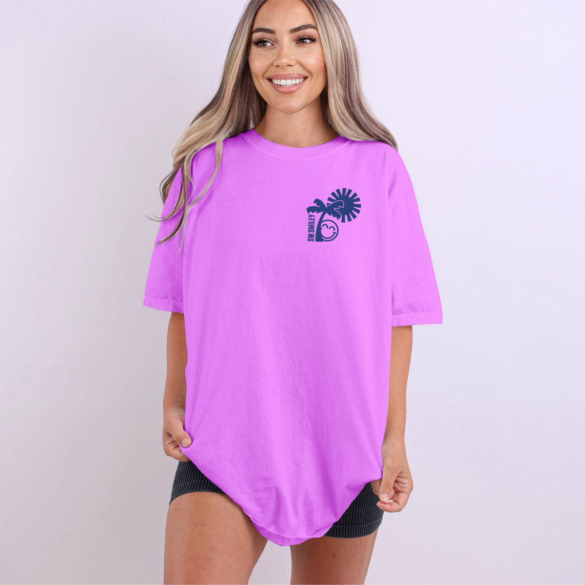 S.W.Smiley Palm Tree Sun - Women's Garment Dyed Graphic T-Shirt