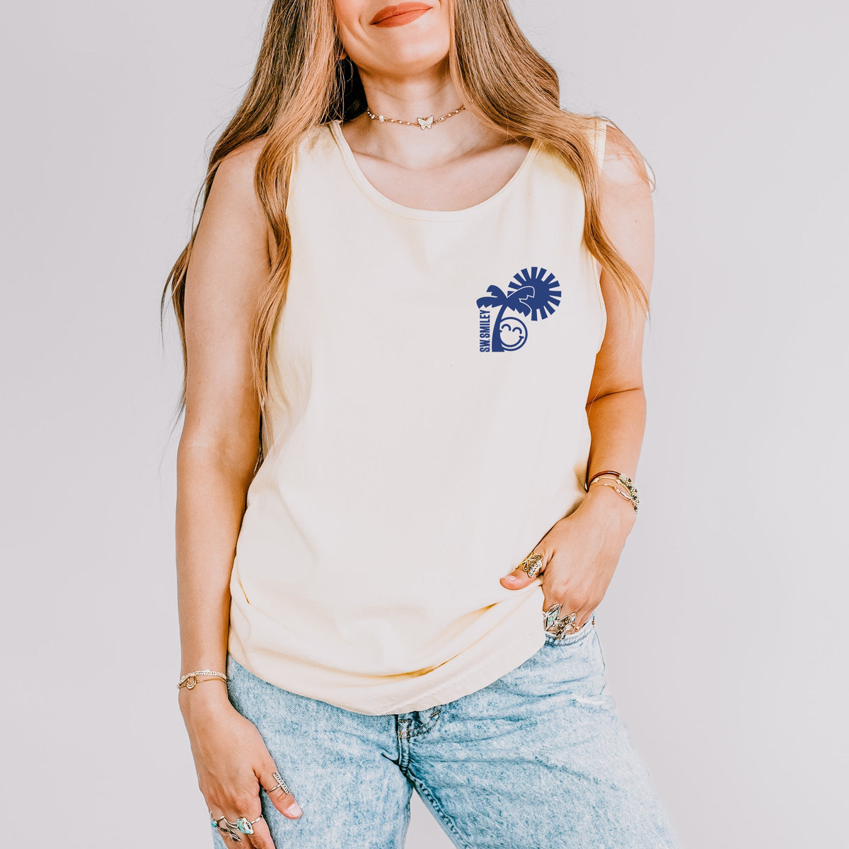 S.W.Smiley Palm Tree Sun - Women's Garment Dyed Graphic Tank Top