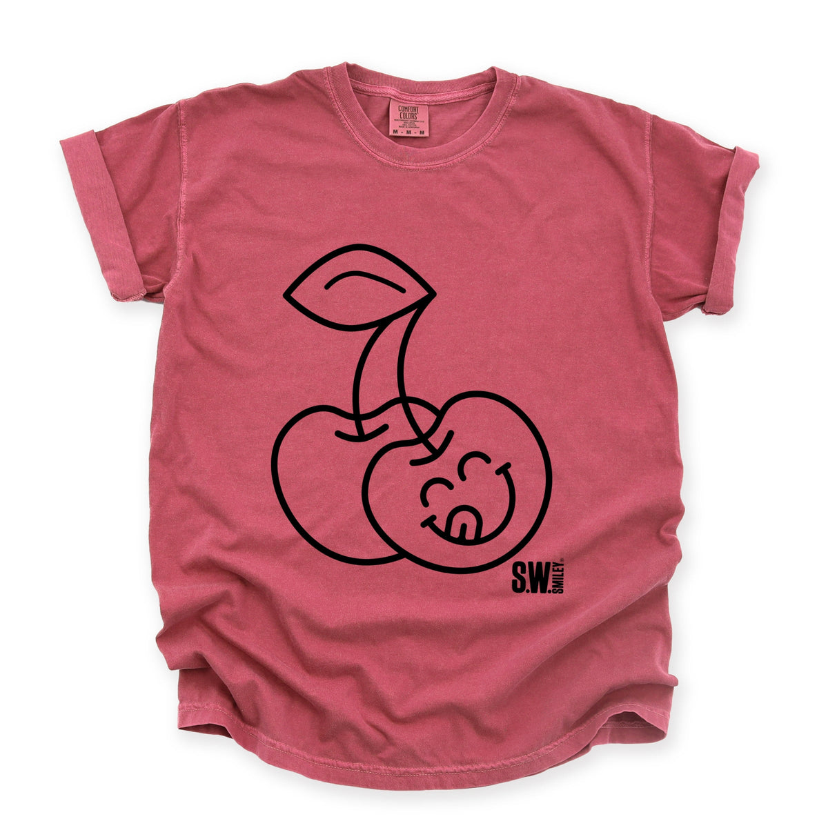 S.W.Smiley Cherry Face Outline - Women's Garment Dyed Graphic T-Shirt