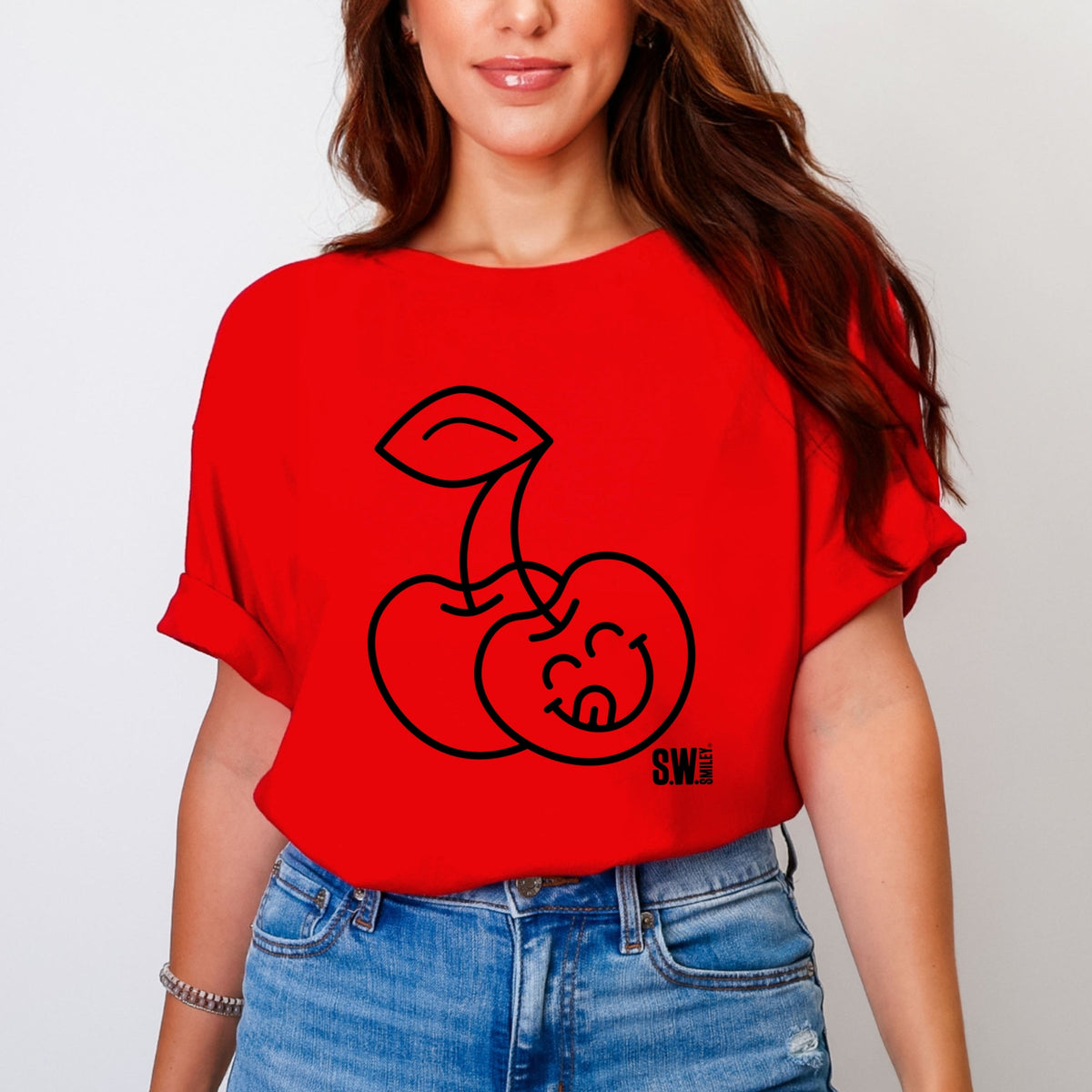 S.W.Smiley Cherry Face Outline - Women's Garment Dyed Graphic T-Shirt