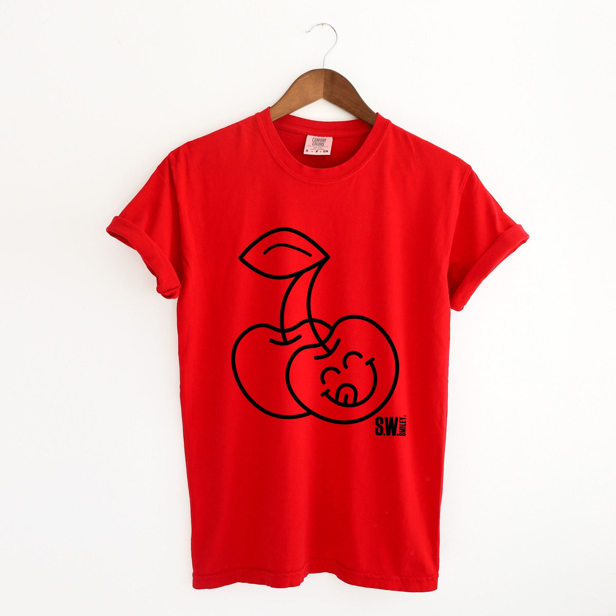 S.W.Smiley Cherry Face Outline - Women's Garment Dyed Graphic T-Shirt
