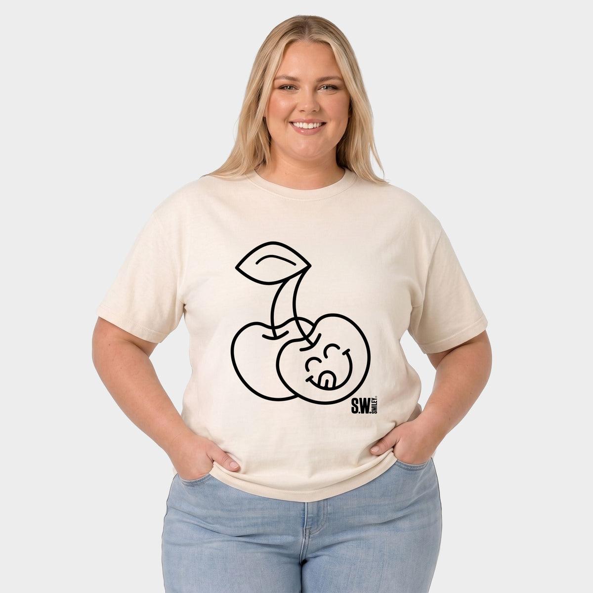 S.W.Smiley Cherry Face Outline - Women's Plus Sized Garment Dyed Graphic T-Shirt