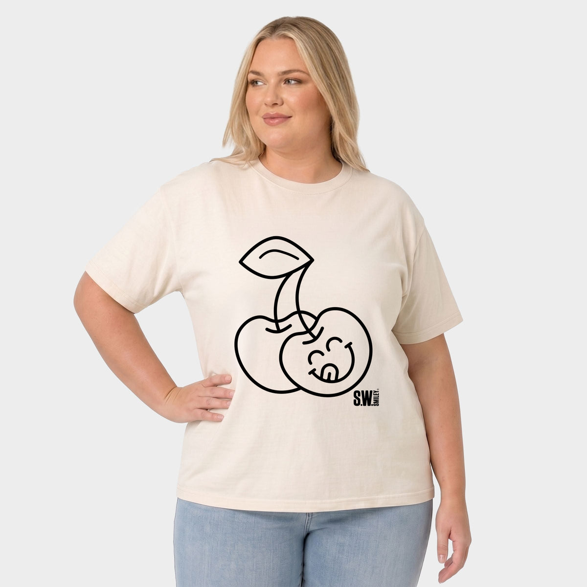 S.W.Smiley Cherry Face Outline - Women's Plus Sized Garment Dyed Graphic T-Shirt