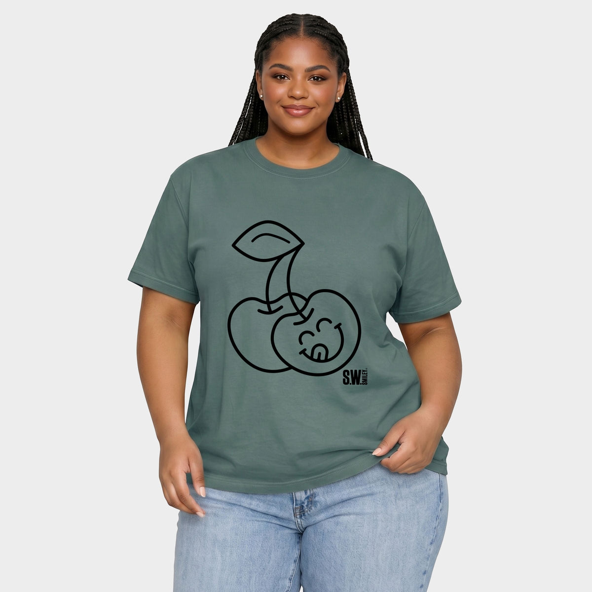 S.W.Smiley Cherry Face Outline - Women's Plus Sized Garment Dyed Graphic T-Shirt