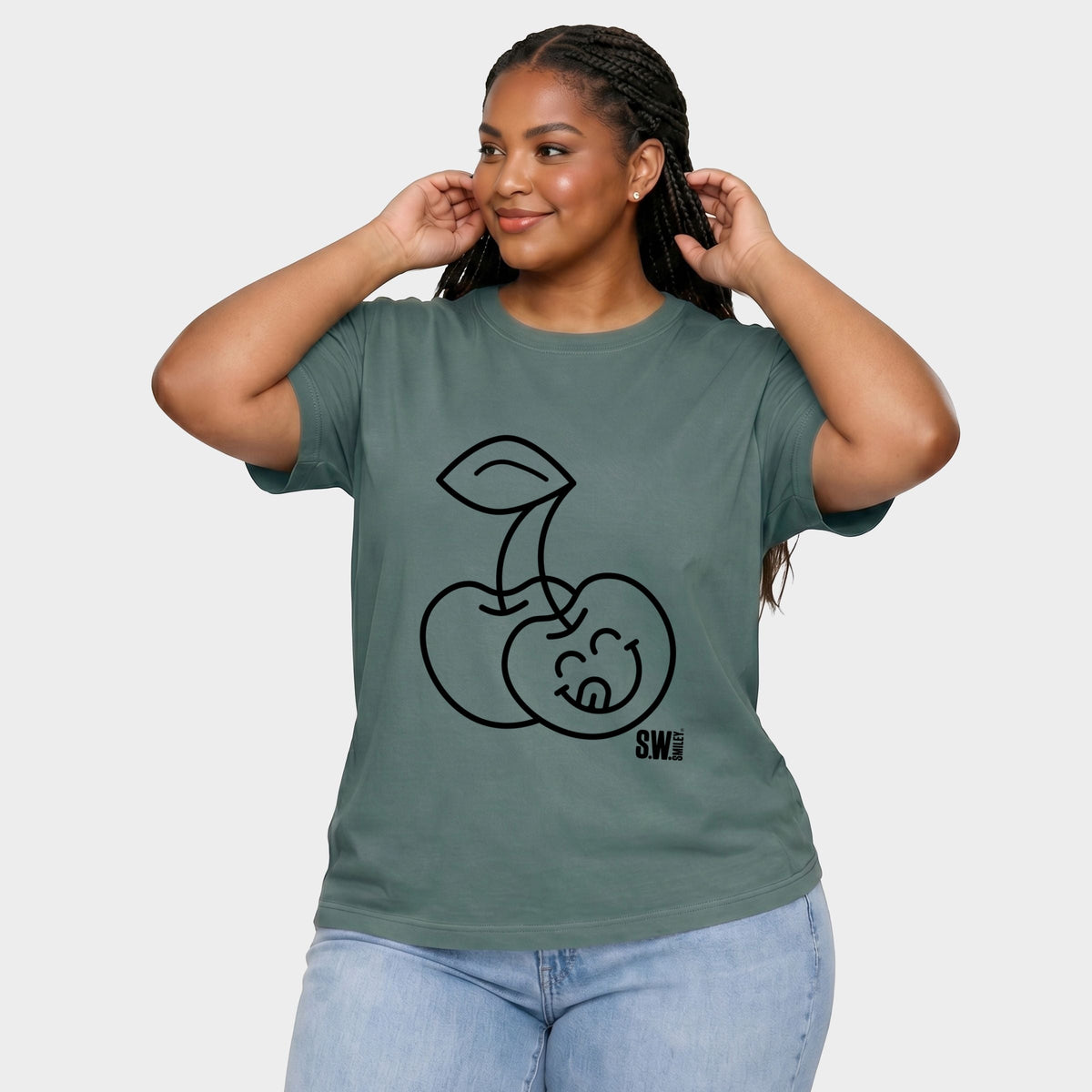 S.W.Smiley Cherry Face Outline - Women's Plus Sized Garment Dyed Graphic T-Shirt