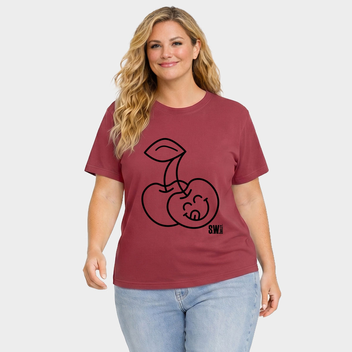 S.W.Smiley Cherry Face Outline - Women's Plus Sized Garment Dyed Graphic T-Shirt