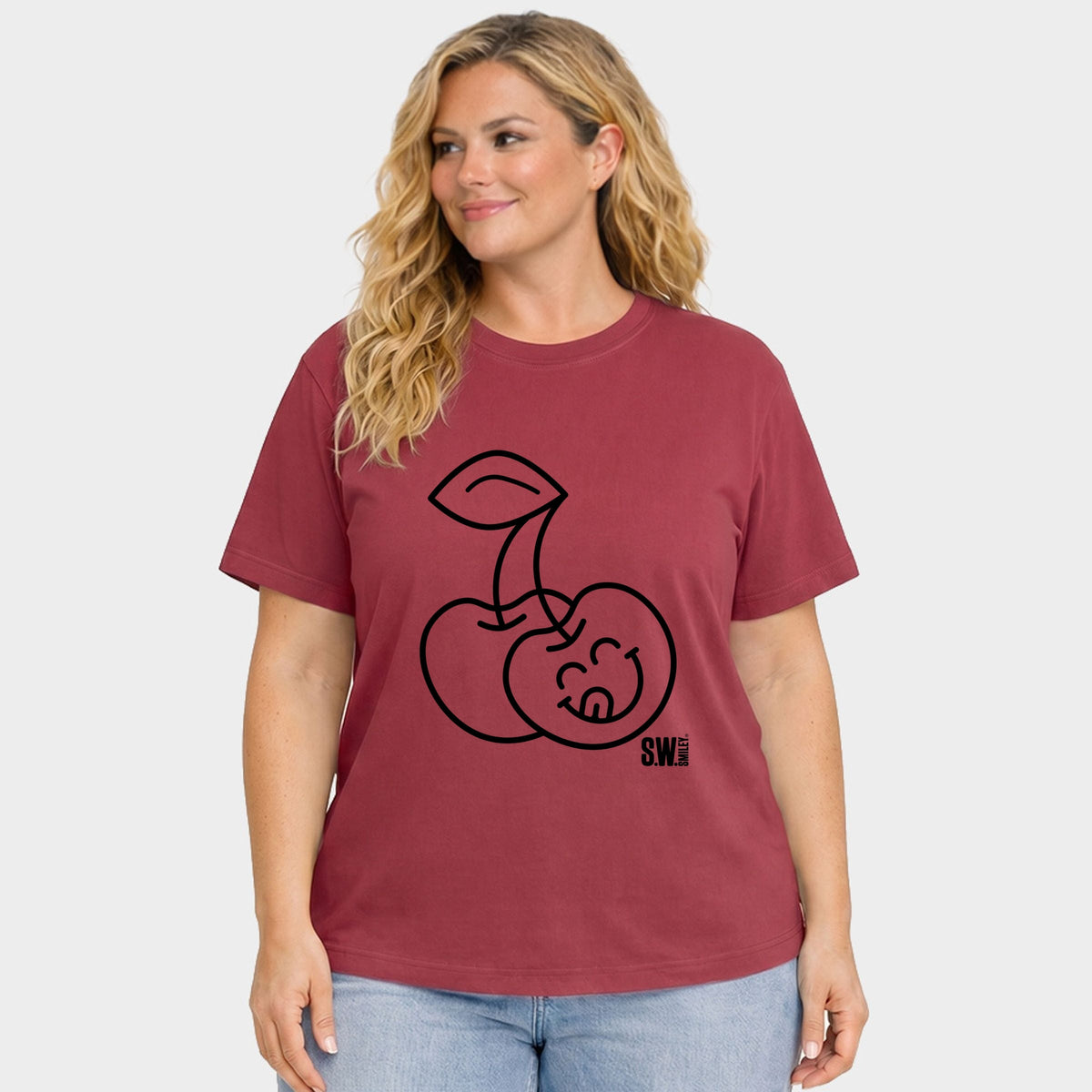 S.W.Smiley Cherry Face Outline - Women's Plus Sized Garment Dyed Graphic T-Shirt