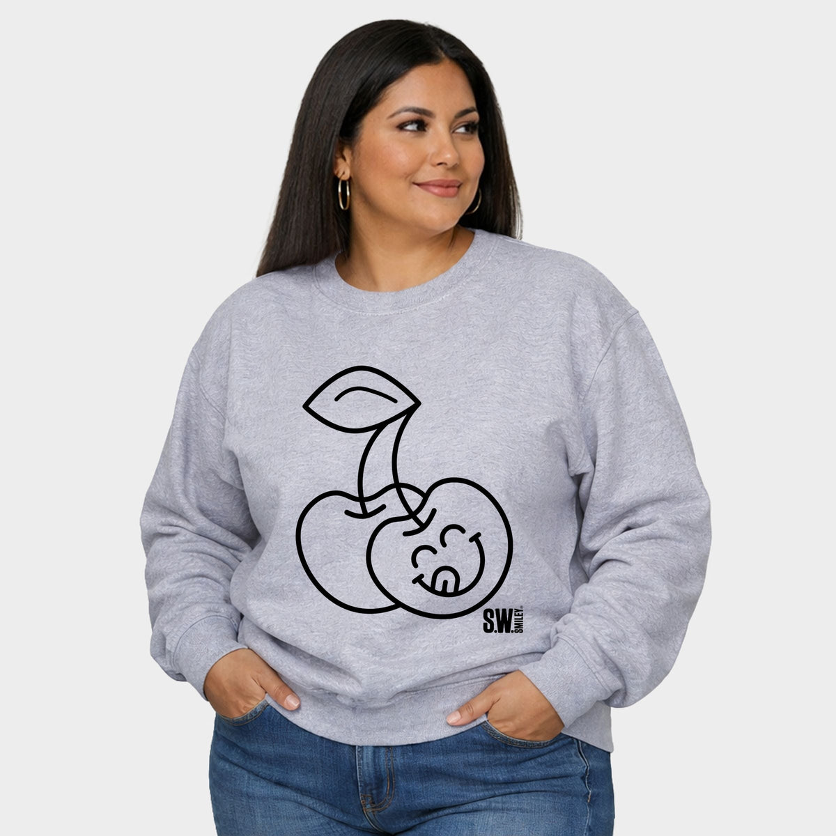 S.W.Smiley Cherry Face Outline - Women's Plus Sized Graphic Sweatshirt