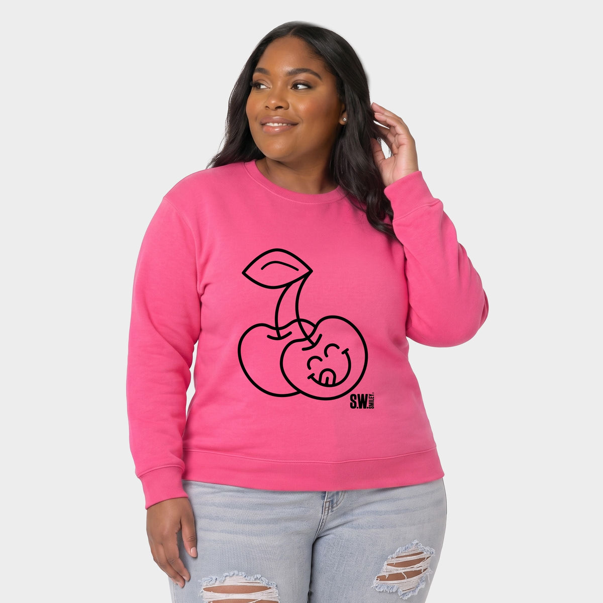 S.W.Smiley Cherry Face Outline - Women's Plus Sized Graphic Sweatshirt