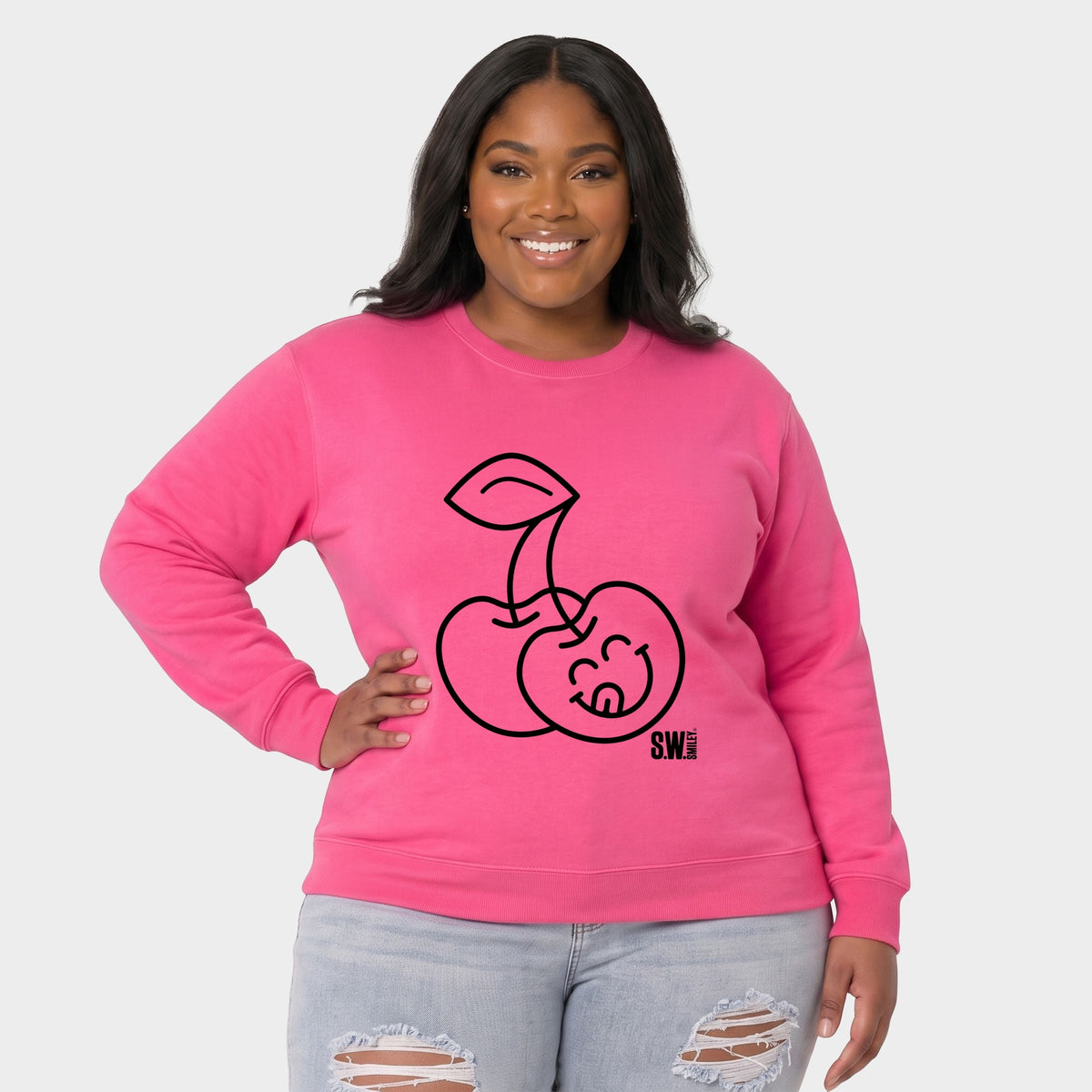 S.W.Smiley Cherry Face Outline - Women's Plus Sized Graphic Sweatshirt