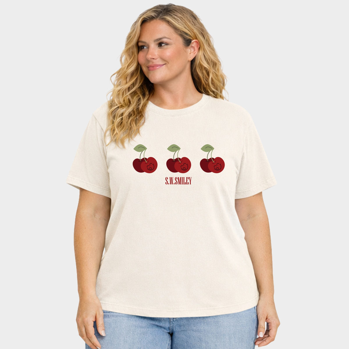 S.W.Smiley Cherry Face Row - Women's Plus Sized Garment Dyed Graphic T-Shirt