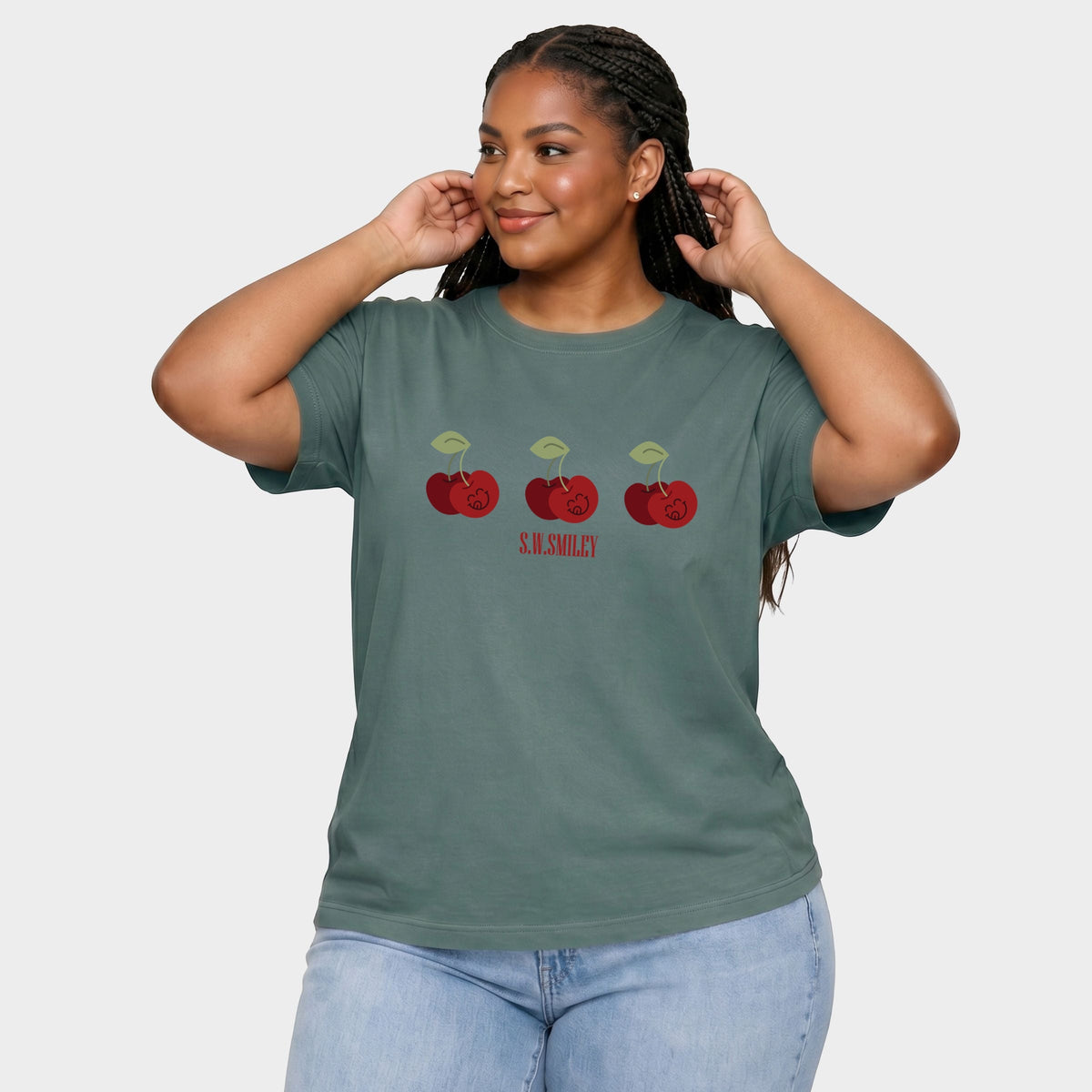 S.W.Smiley Cherry Face Row - Women's Plus Sized Garment Dyed Graphic T-Shirt
