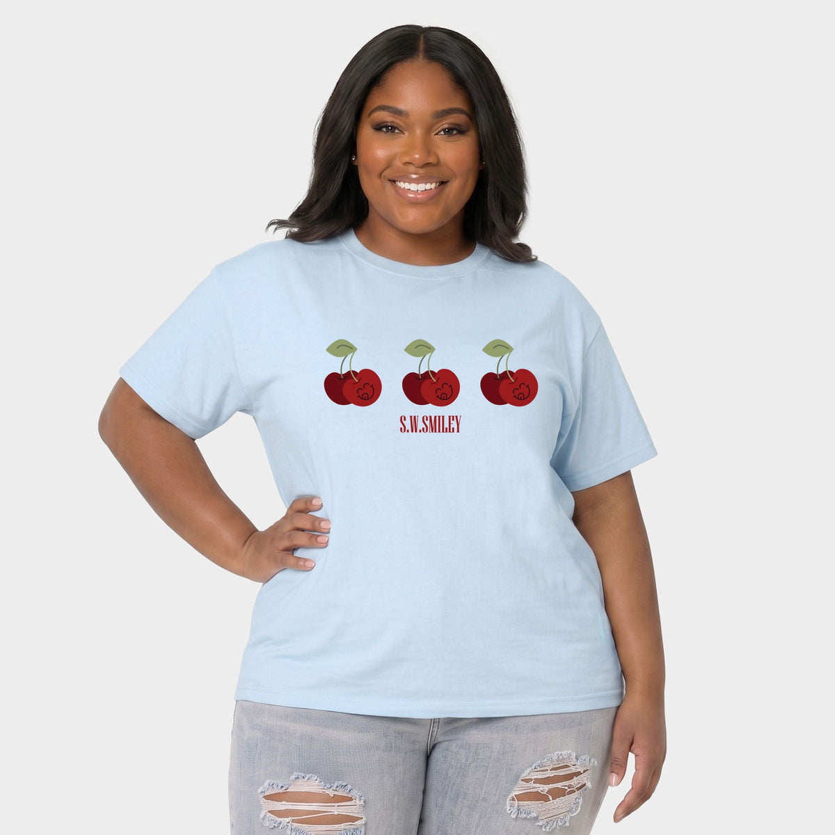 S.W.Smiley Cherry Face Row - Women's Plus Sized Garment Dyed Graphic T-Shirt