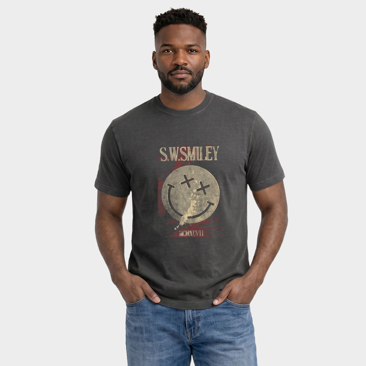 S.W.Smiley Paint Splatters X Eyes - Men's Garment Dyed Graphic T-Shirt