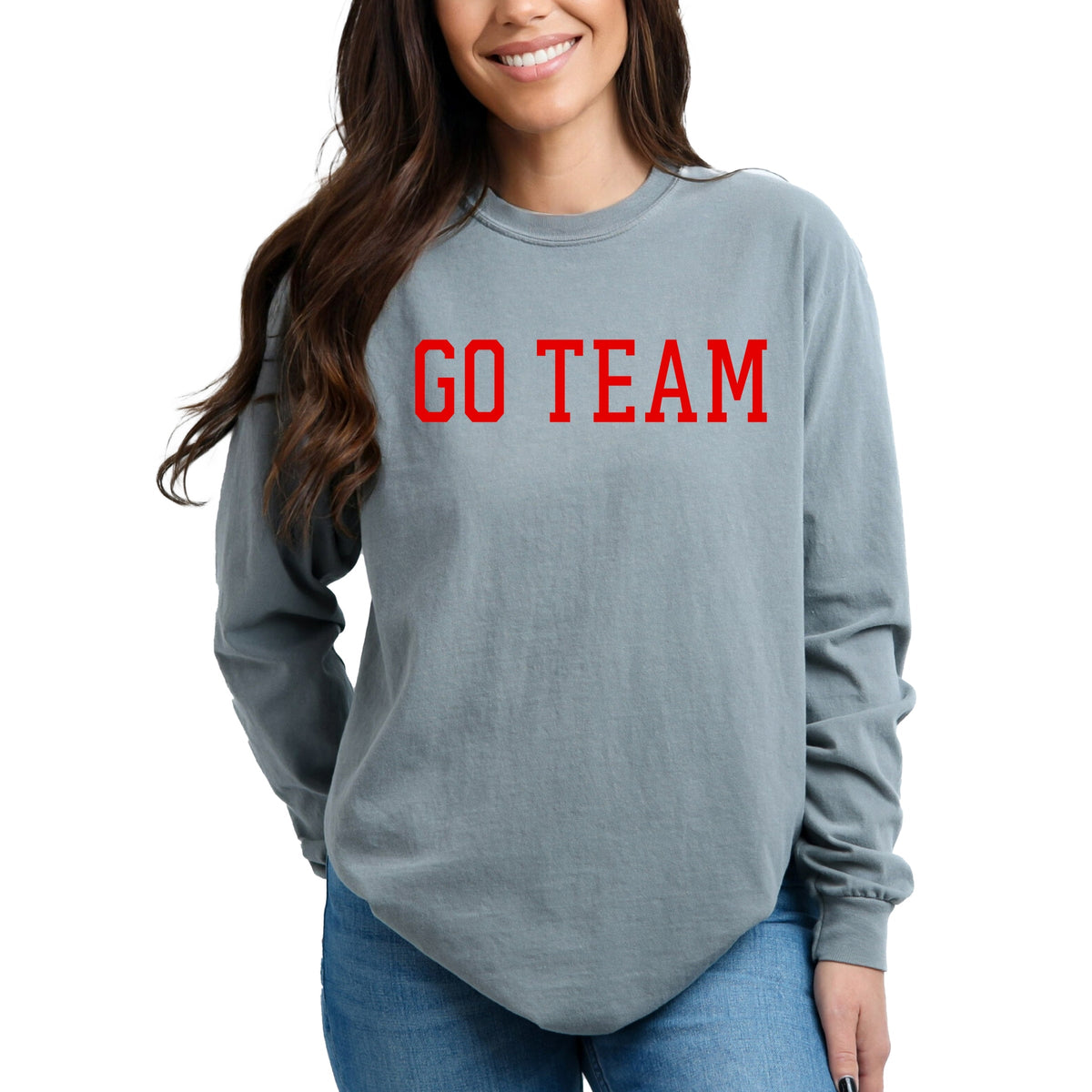 Go Team Varsity - Women's Garment Dyed Long Sleeve Graphic T-Shirt