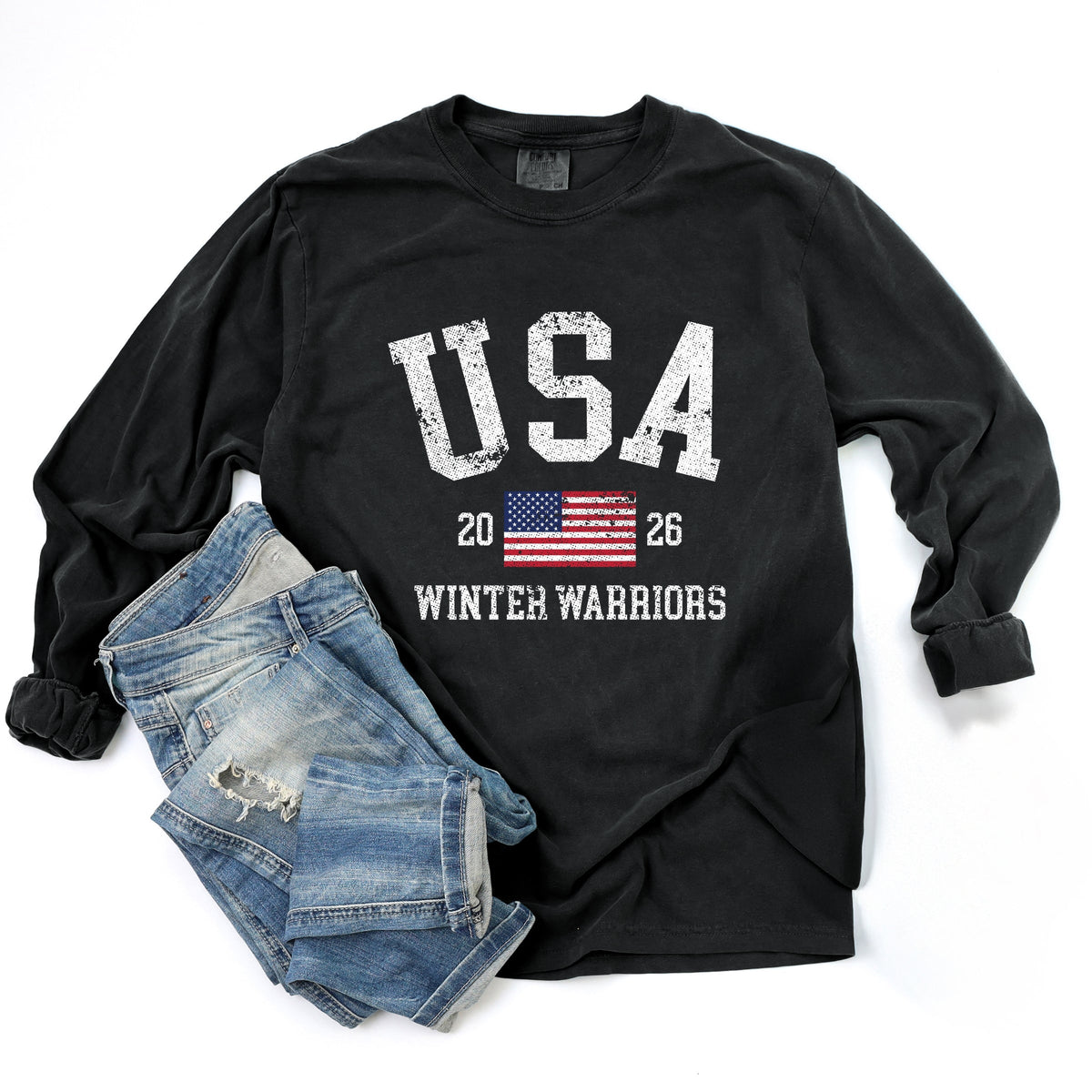 USA Winter Warriors - Women's Garment Dyed Long Sleeve Graphic T-Shirt