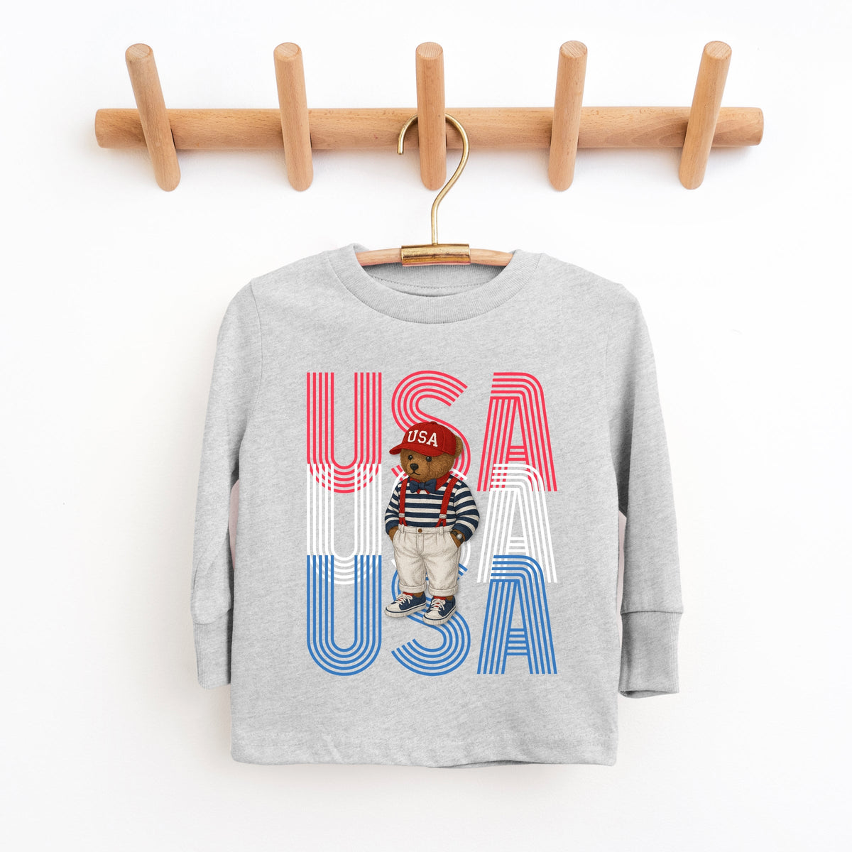USA Stacked Bear Suspenders - Youth Long Sleeve Graphic T-Shirt