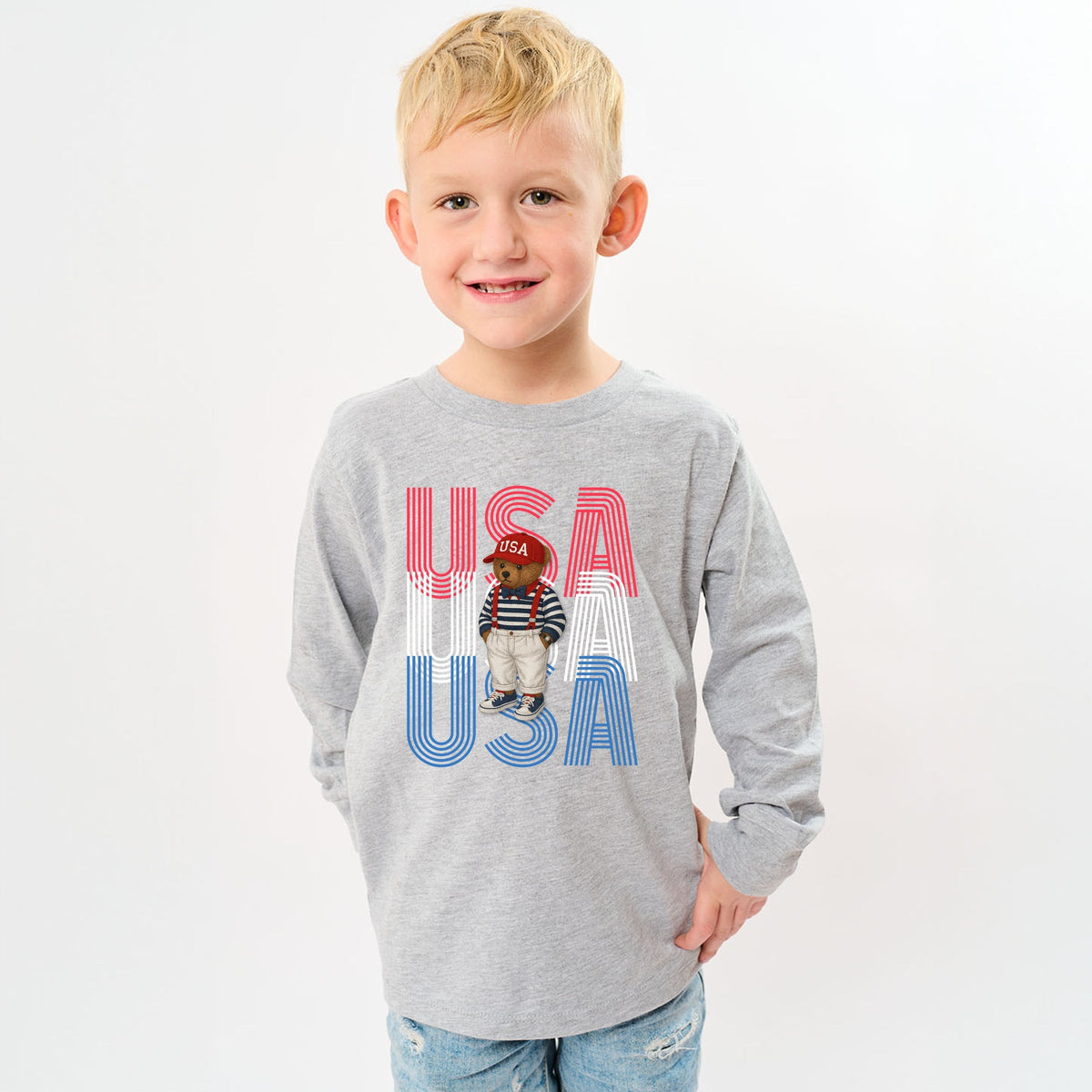 USA Stacked Bear Suspenders - Youth Long Sleeve Graphic T-Shirt