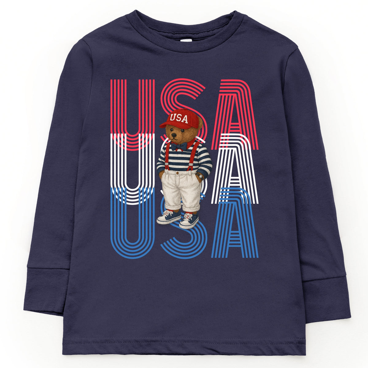 USA Stacked Bear Suspenders - Youth Long Sleeve Graphic T-Shirt