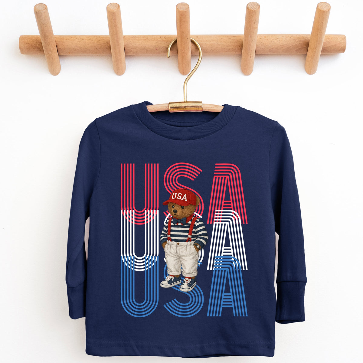 USA Stacked Bear Suspenders - Youth Long Sleeve Graphic T-Shirt