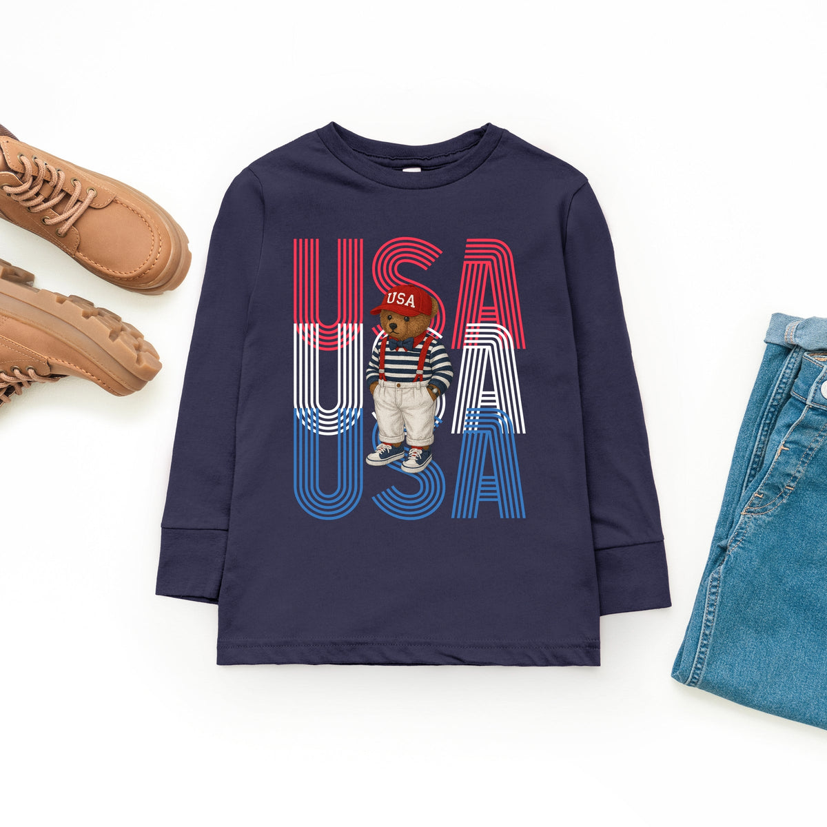 USA Stacked Bear Suspenders - Youth Long Sleeve Graphic T-Shirt