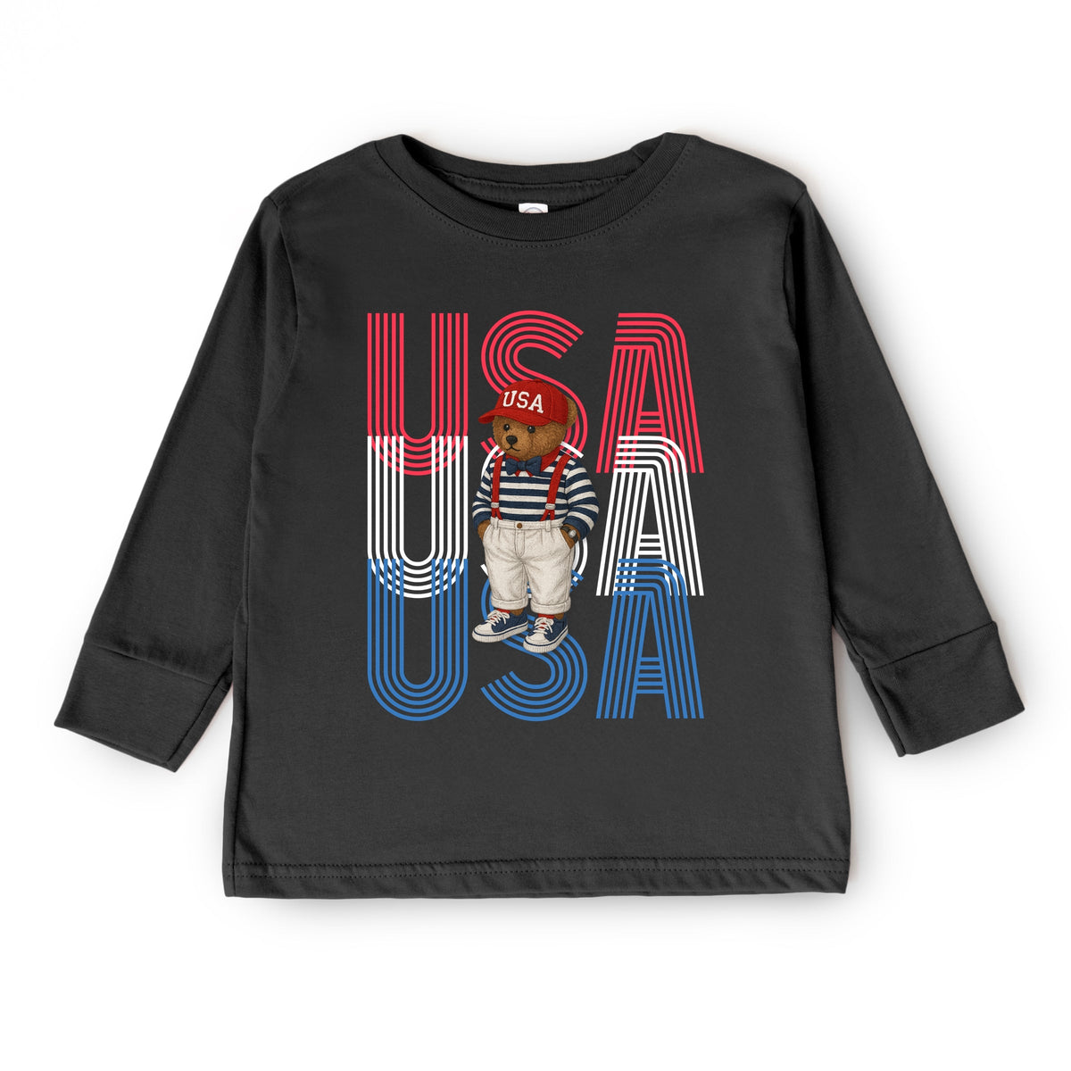 USA Stacked Bear Suspenders - Youth Long Sleeve Graphic T-Shirt