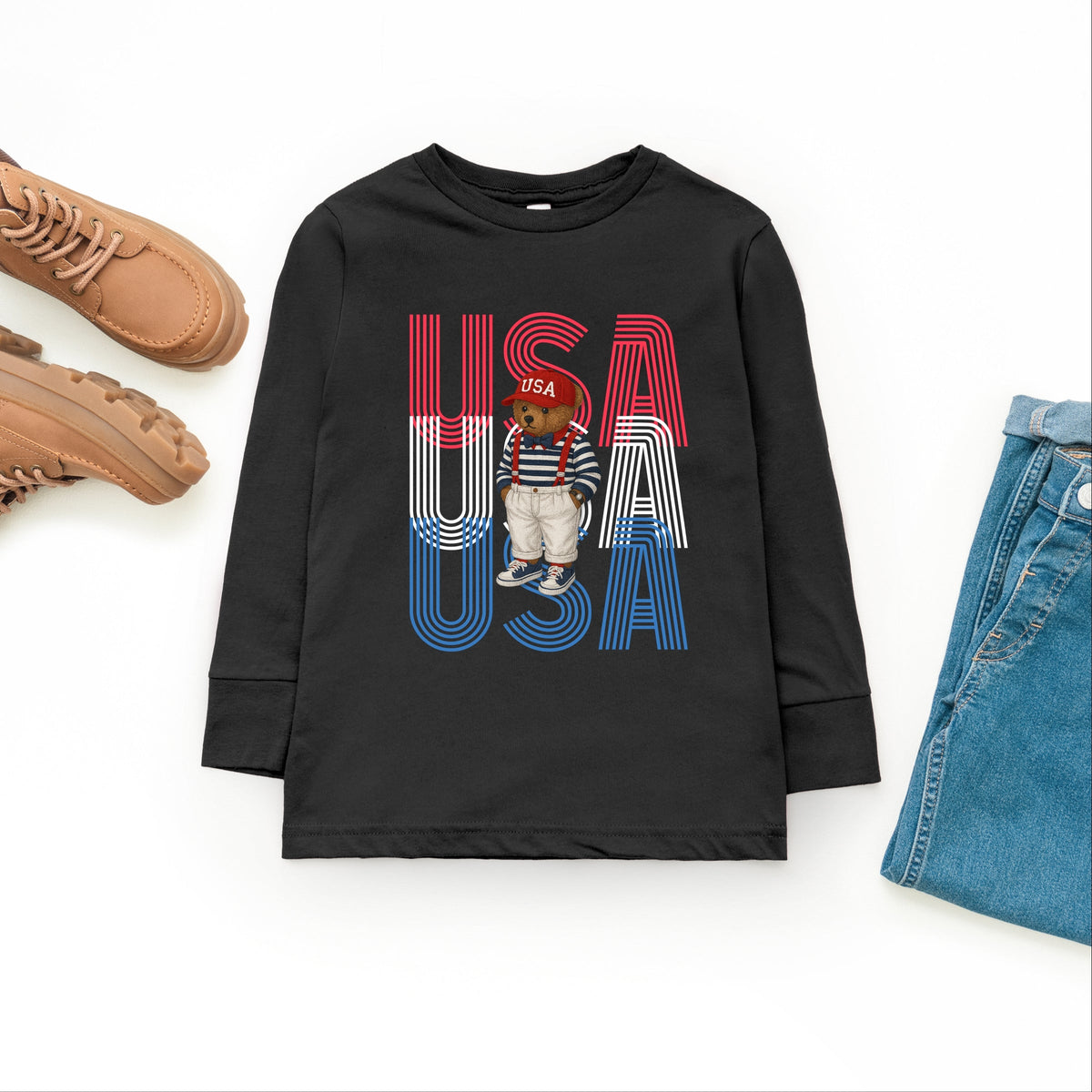 USA Stacked Bear Suspenders - Youth Long Sleeve Graphic T-Shirt