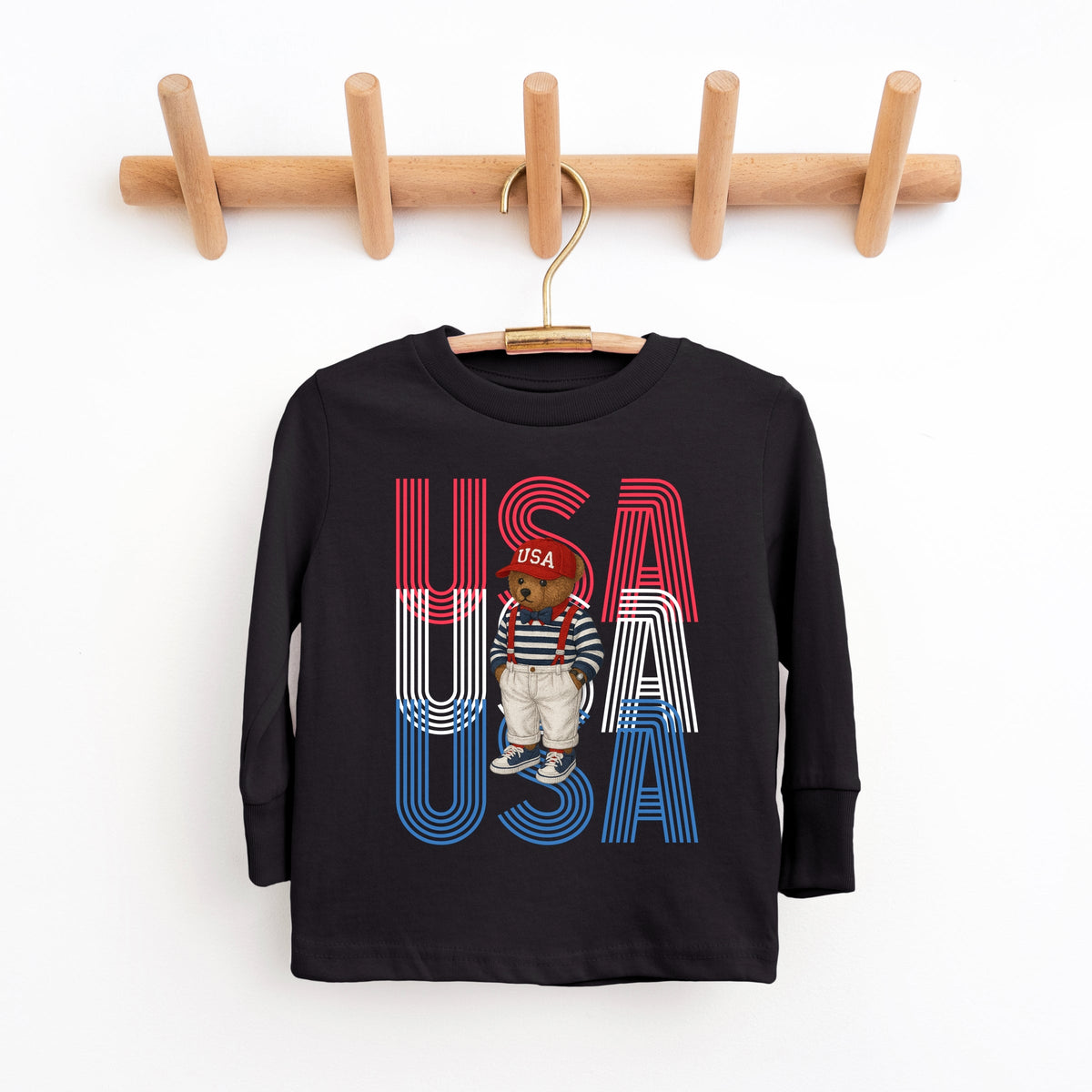 USA Stacked Bear Suspenders - Youth Long Sleeve Graphic T-Shirt