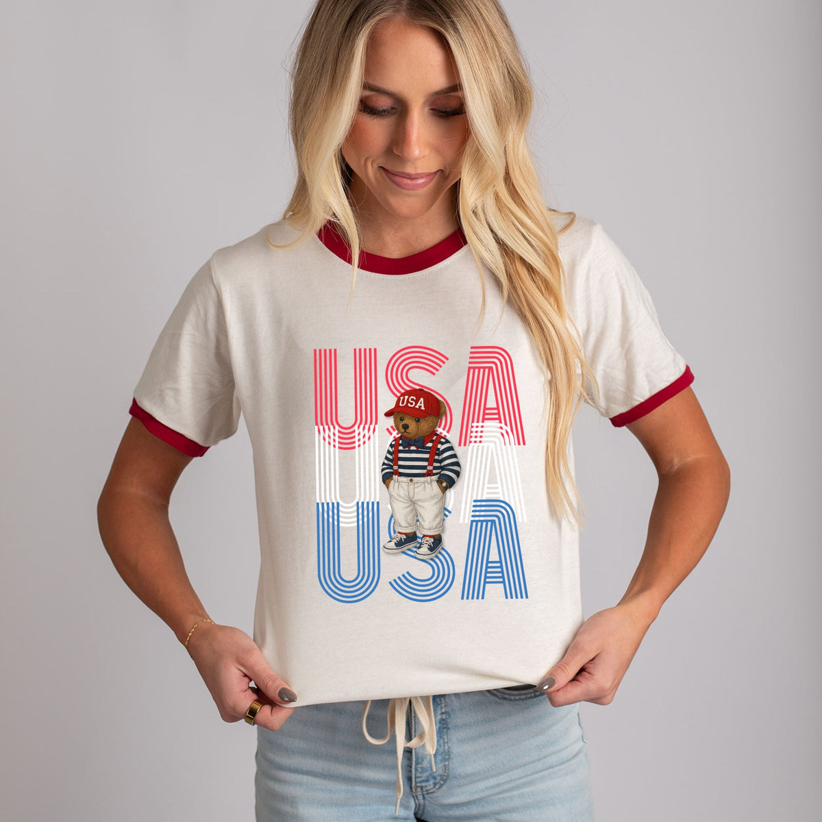 USA Stacked Bear Suspenders - Women's Ringer Graphic T-Shirt
