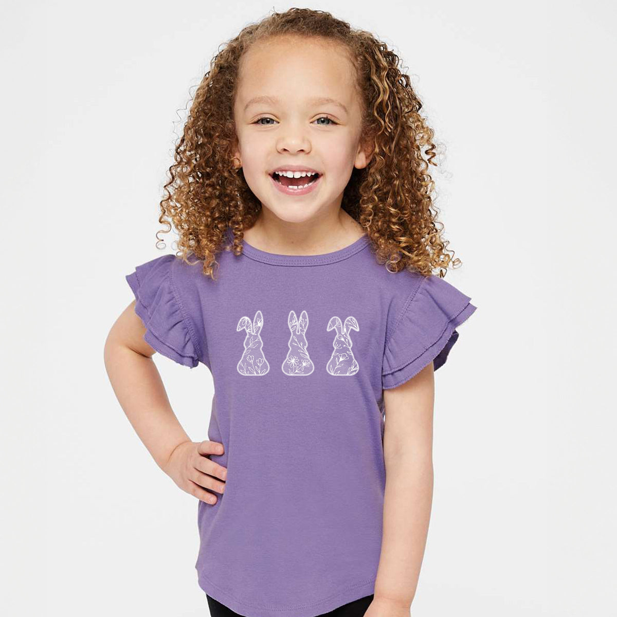 Easter Bunnies Faux Lace  - Flutter Sleeve Graphic T-Shirt